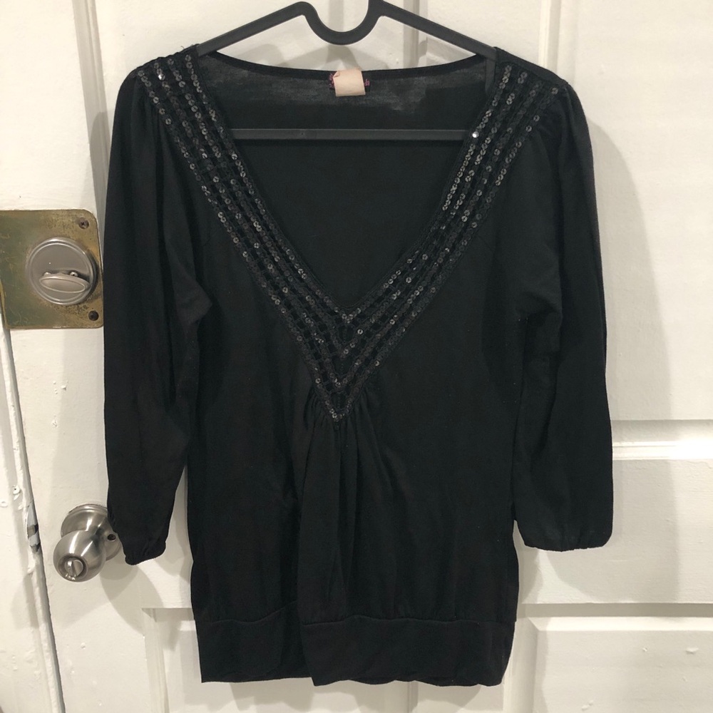 Vintage Y2K Agenda Sequin 3/4 Sleeve Shirt Top Black Small